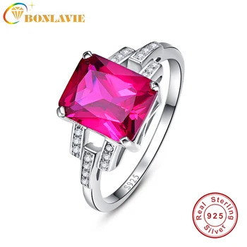 

BONLAVIE Emerald Cut Square Ring Design Vintage Garnet Ruby Red Stone S925 Silver Cocktail Ring Jewelry Wedding Rings For Women