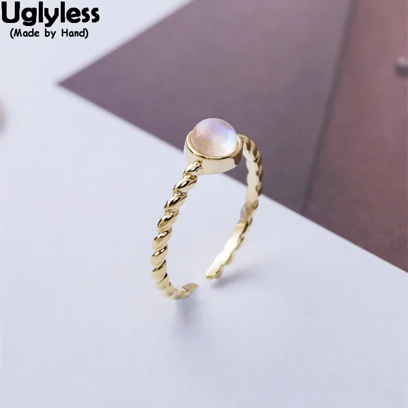 

Uglyless 100% Real 925 Sterling Silver Twist Open Rings for Women Simple Moonstone Finger Rings Gold Plated Wild Fine Jewelry