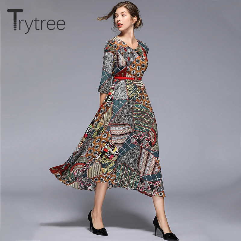 Trytree 2019 лето осень винтажное сексуальное платье с принтом женское коротким