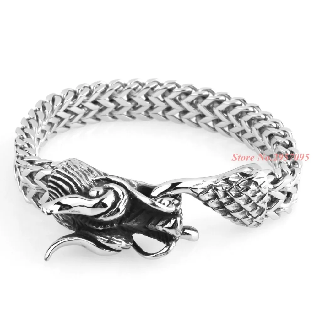 22cm 13mm Vintage Stainless Steel Men Bracelet Cool Dragon Head Male
