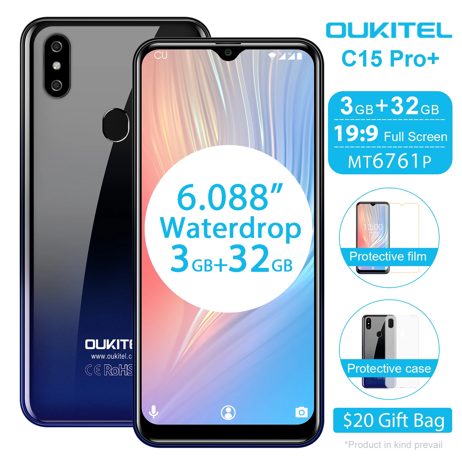 OUKITEL C15 Pro+ 6.088'' 19:9 Android 9.0 Pie 3GB 32GB MT6761 Waterdrop Smartphone Fingerprint Face ID 5G WiFi 4G Mobile Phone