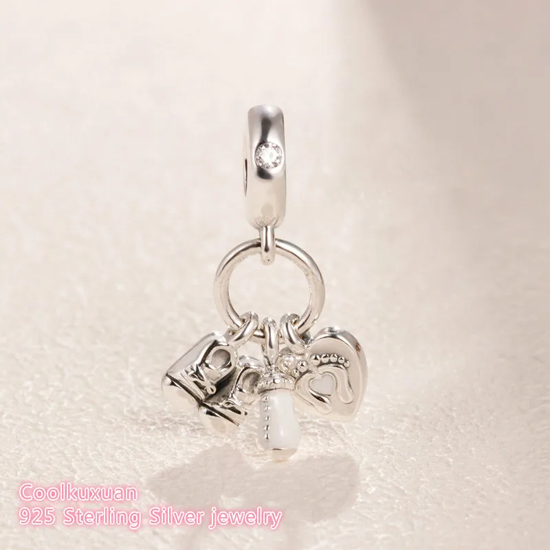 

2019 Mother's Day 100% 925 Sterling Silver My Little Baby Dangle Charm White Enamel beads Fits Original Pandora bracelets DIY