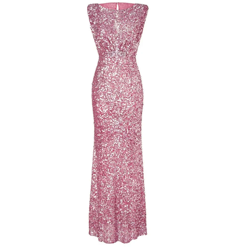 Одежда женское серебряное/золотое/розовое сексуальное длинное платье без рукавов с открытой спиной и блестками esSolid длинное платье Простые эластичные платья для вечеринок - Цвет: Pink