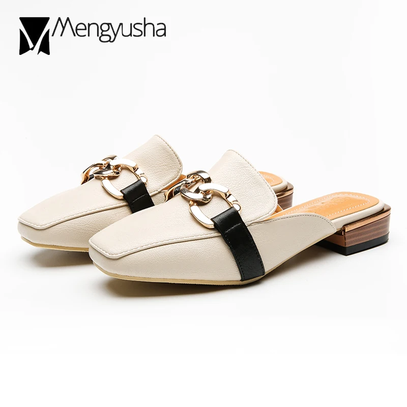 

European lazy closed toe slippers women chains belt slip on sandals square toe babouche mujer 2018 street fashion flipflops shoe