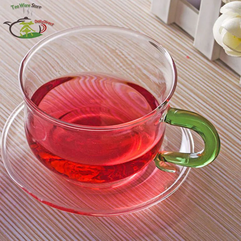1х чайный набор-130 мл зеленая ручка жаростойкая стеклянная чашка для вина и чая Хрустальная кружка для напитков+ блюдце 90 мм