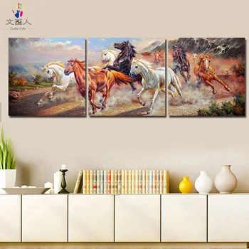 

3 Panels 9 horses Running Animals picture painting by numbers with kits package canvas handmade Hanging painting for hoom decor