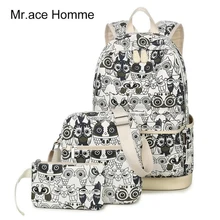Set Backpack Women Animal Owl Printing Backpack Canvas Bookbags School Backpacks Bags for Teenage girls Bagpack Backbag