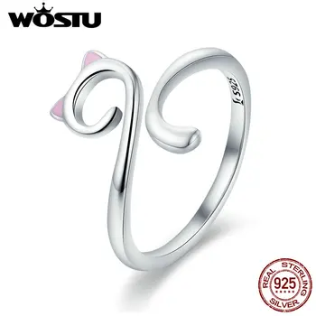 

WOSTU Summer Collection 100% 925 Sterling Silver Naughty Cat Adjustable Silver Finger Ring for Women Fine 925 Jewelry BKR341