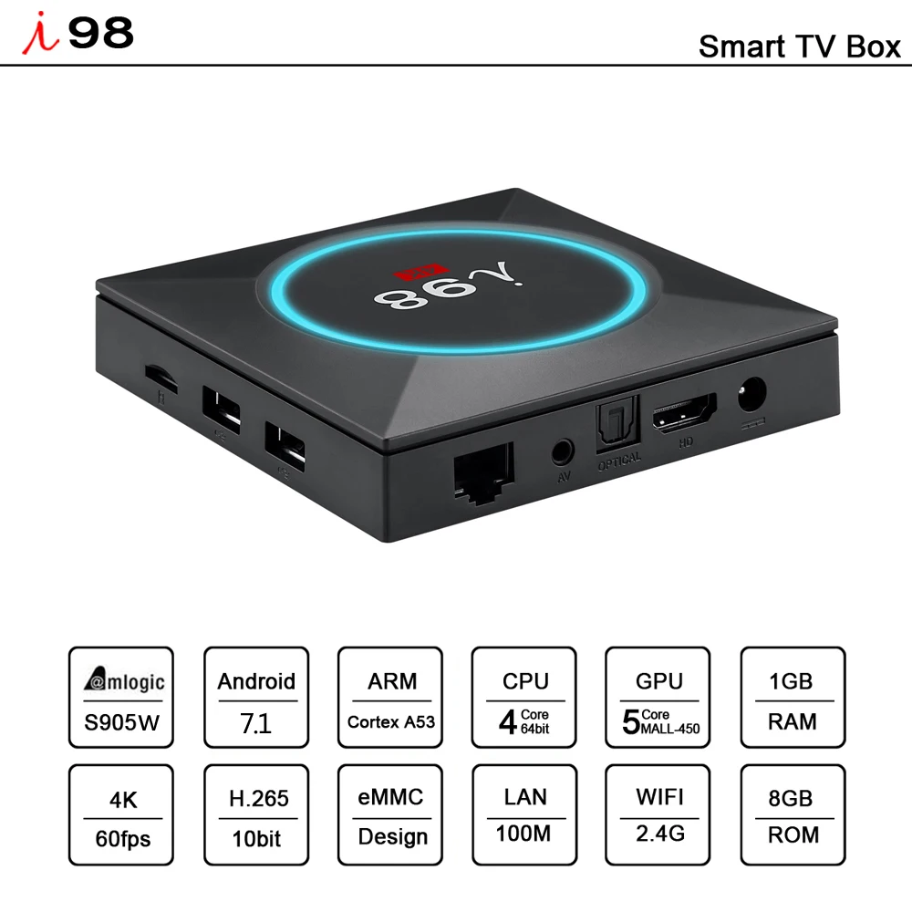 I98 Smart tv Box Amlogic S905W четырехъядерный 1 ГБ DDR3 8 Гб rom Android 7,1 tv Box H.265 4K UHD медиаплеер 2,4 ГГц WiFi телеприставка