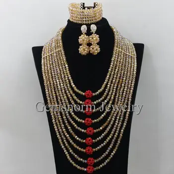 

Elegant Gold African Beads Jewelry Set New Chunky Bib Nigerian Wedding Necklace Set Red Bridesmaid Gift Set Free Shipping WA110