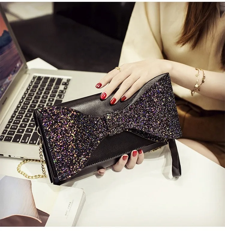 Fashion Bow Women clutch Sparkling luxury lady evening bags chain messenger bag for female Shoulder bag Women's Clutches  (15)