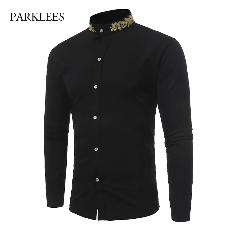 

Brand Shirt Men Gold Leaves Embroidery Mens Dress Shirts Stand Collar Long Sleeve Slim Fit Cotton Male Shirts Chemise Homme 2017