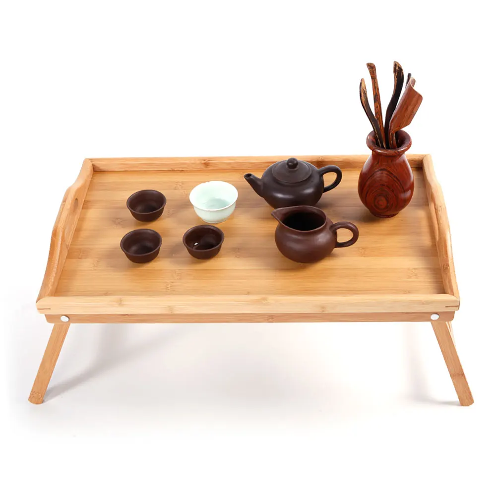 

Simple Bamboo Tea Table Breakfast Coffe Table Laptop Desk Bed Table Serving Tray End Table for Bed Reading Wood Color - US Stock