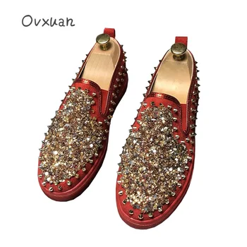 

2019 Fashion Red Glitter Sequined Men Rivet Shoes Casual Loafers Flats Night Club Banquet Prom White Wedding Dress Shoes for men