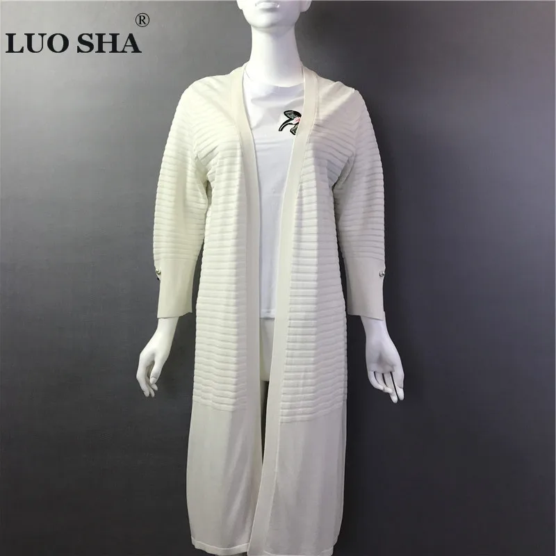LUO SHA New White Long Sleeve Womens Cardigan Women Summer Spring White Cardigans Feminino 2017 Gilet Long Femme Manche Longue
