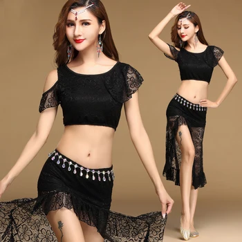 

Fashion Lace Short Sleeve O-neck Sexy Belly dance Irregular Skirt 2pcs set for women/female, costume performance wears S713+Q712