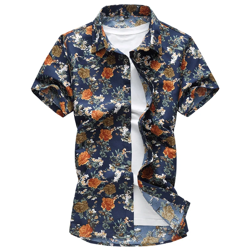 M-7XL Летняя мужская рубашка больших размеров, рубашка для ночного клуба с цветочным принтом, Высококачественная брендовая рубашка с короткими рукавами, мужское платье