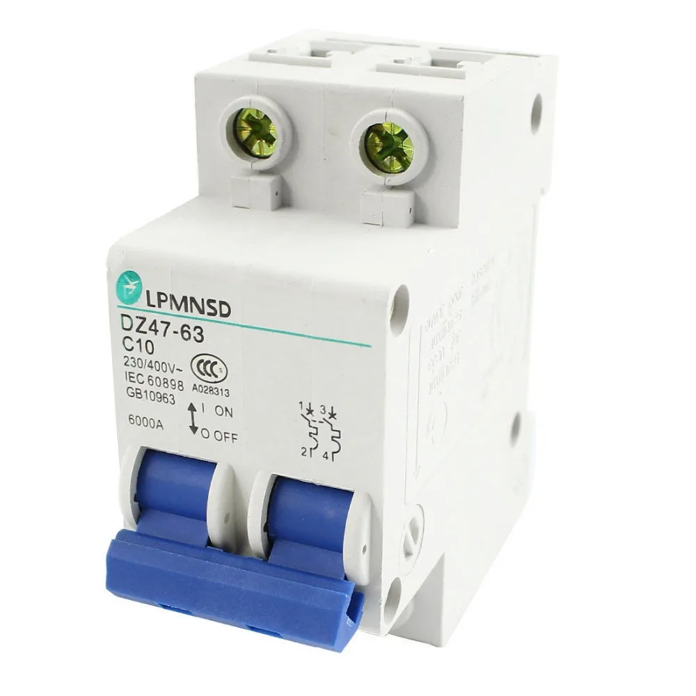 DZ47 63 35mm DIN Rail Mounting 2 Pole Circuit Breaker AC230V AC400V 10A