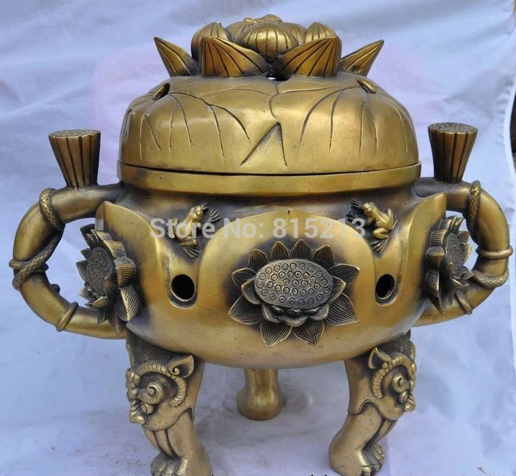 

bi00740 17" Tibet Bronze Buddhism Turtle Frog Lotus Statue Lion Incense Burner Censer