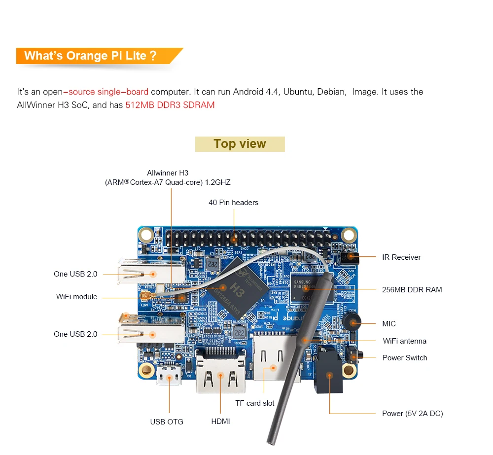 Orange Pi Lite SET9: камера Orange Pi Lite 512 Мб и 2 млн пикселей с широкоугольным объективом, макетная плата