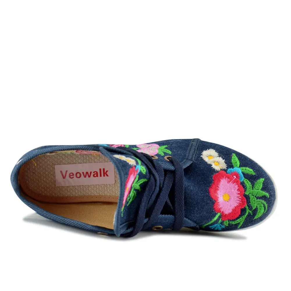 Cena Veowalk kwiatowy haft moda damska płótno płaskie platformy zasznurować panie Casual komfortowe tenisówki buty kobieta pnącza
