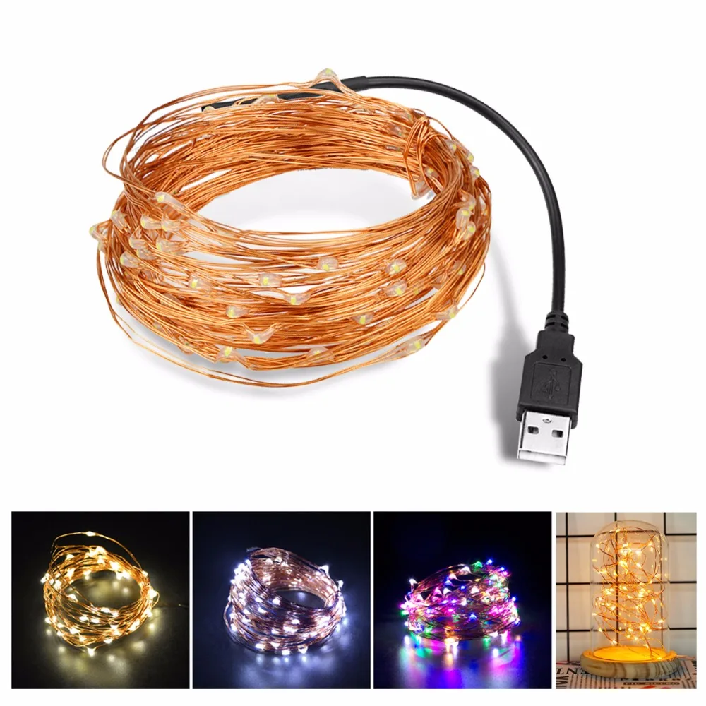 

DC 5V 5M 10M USB charger LED strip light USB Powered RGB Copper Wire tape Holiday String lighting outdoor Fairy Christmas Tree