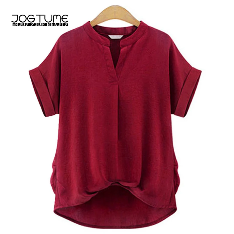 

JOGTUME Solid White Wine Red Shirts Summer Womens Sexy V Neck Blouse Short Sleeve Ladies Slim Shirts Plus Size 4XL Good Quality