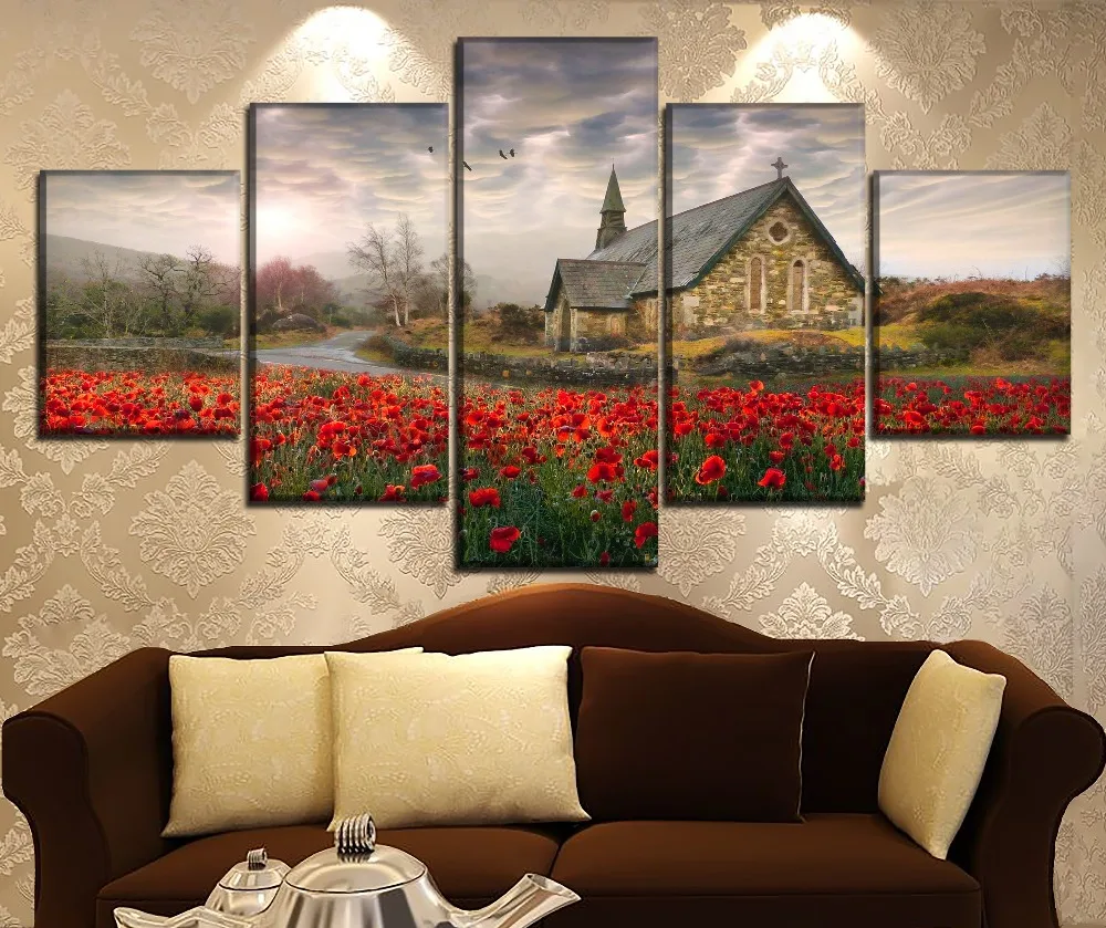 Canvas Pictures Home Decorative 5 Pieces Artistic Church Field Painting HD Print Poppy Flower Poster Wall Art Modular Framework | Дом и сад