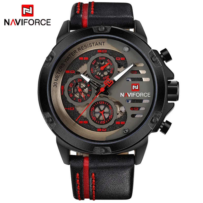 NAVIFORCE мужские s часы лучший бренд класса люкс 3 бар водонепроницаемые кварцевые часы с датой мужские кожаные спортивные наручные часы мужские водонепроницаемые часы - Цвет: Black Red