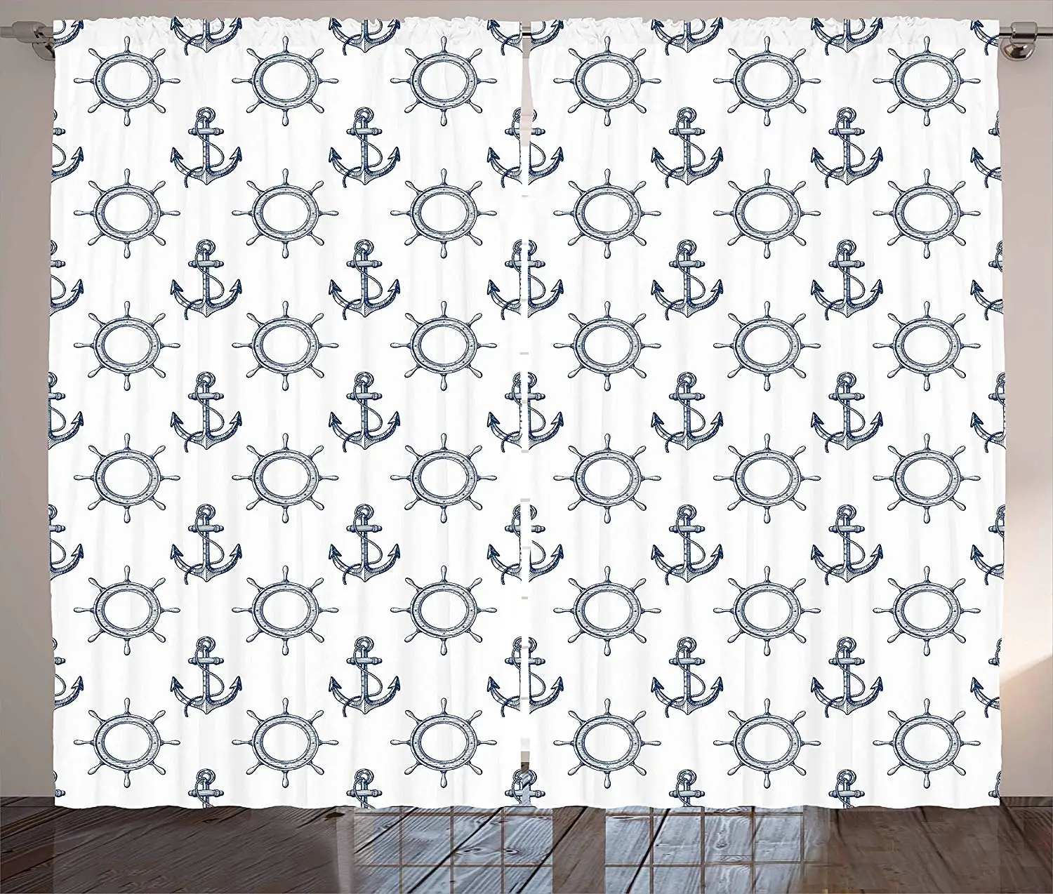 Anchor Curtains Hand Drawn Steering Wheels and Anchors with Ropes Maritime Illustration Living Room Bedroom Window Drapes Navy | Дом и сад