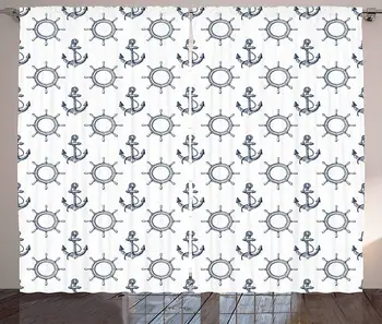 

Anchor Curtains Hand Drawn Steering Wheels and Anchors with Ropes Maritime Illustration Living Room Bedroom Window Drapes Navy