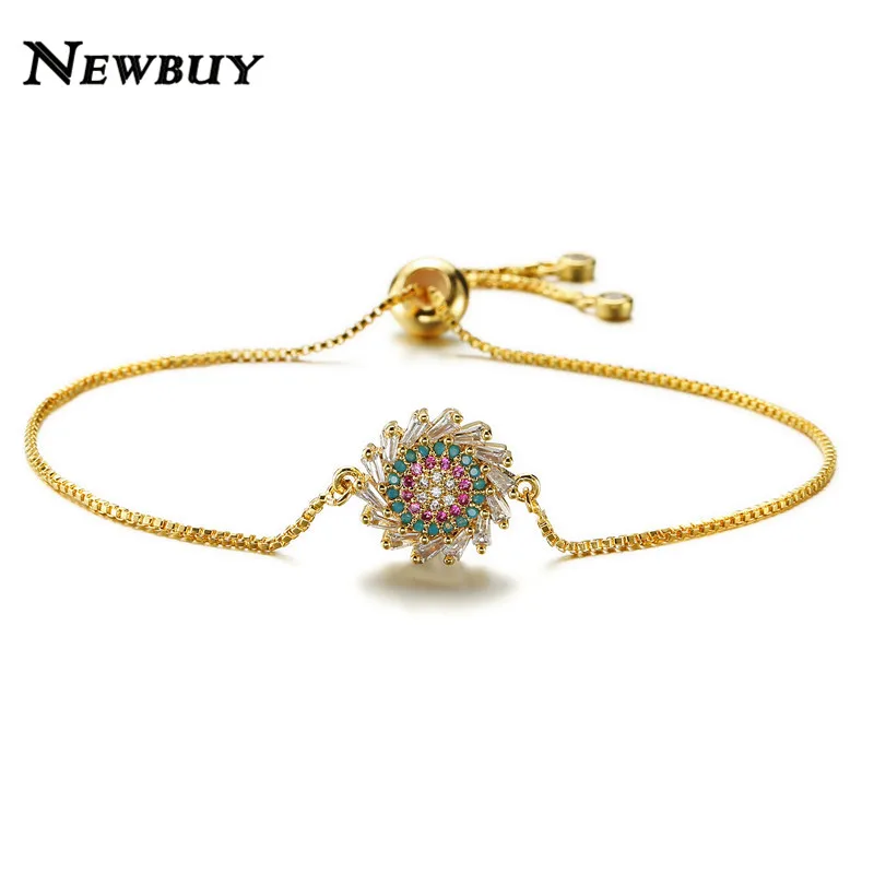 

NEWBUY Fashion Women Cubic Zirconia Jewelry Luxury Micro Pave Sun Flower Charm Bracelet Adjustable Length Copper Chain
