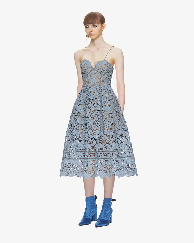 Летнее праздничное бальное платье кружевное платье-миди Подиум Автопортрет Спагетти ремень 3D Цветочный выдалбливают сексуальное платье миди с открытой спиной