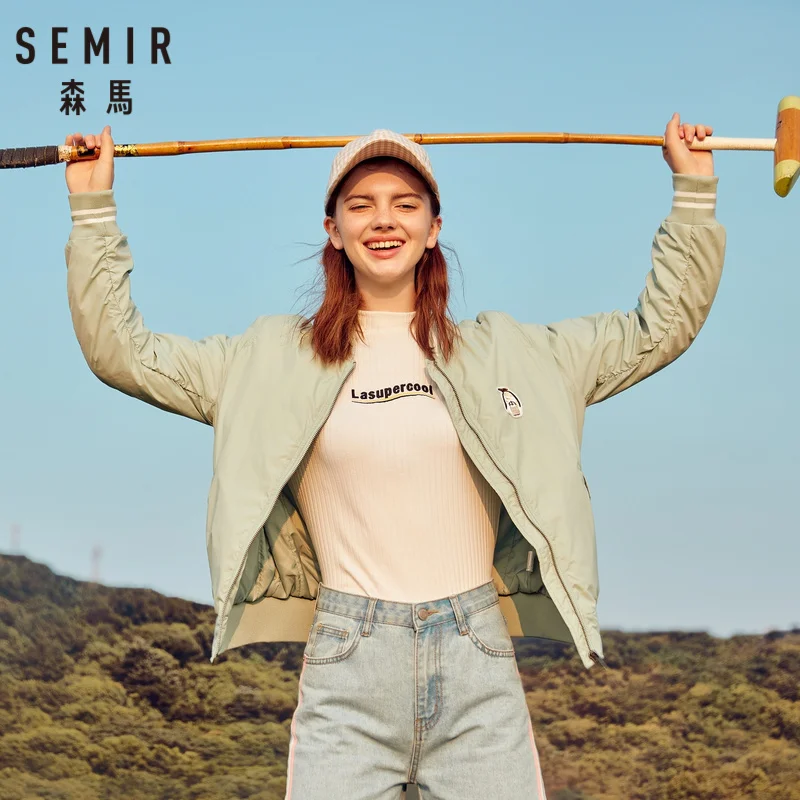 wonderful SEMIR Women Embroidered Baseball Jacket with Full Zip Draped Sleeve Sport Jacket with Pocket Contra