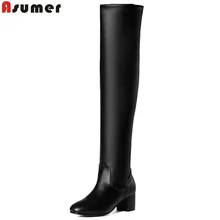 Горячая распродажа; Новое поступление; женские сапоги; модные черные сапоги до колена; сапоги на квадратном каблуке; однотонные сапоги; сезон осень-зима; Asumer