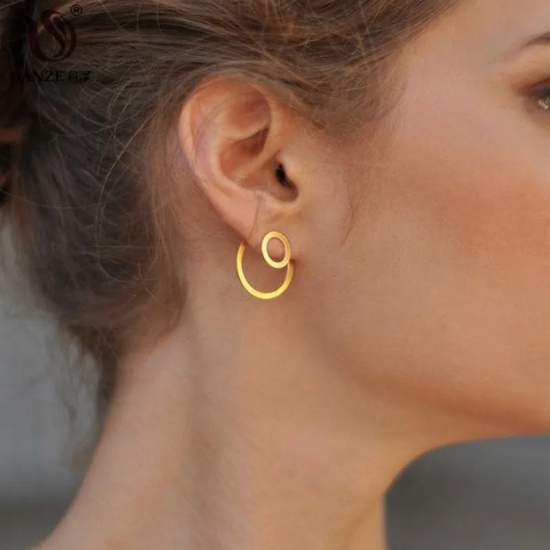 DANZE Simple Metal Gold Round Earrings For Women Trendy Double Sided Stud Statement Party Jewelry Dropshipping | Украшения и