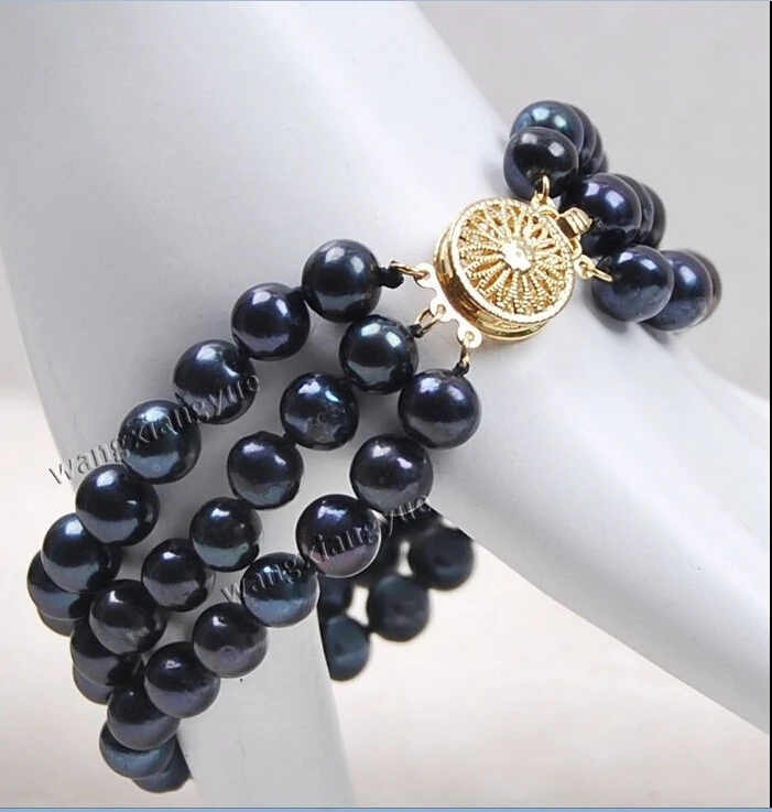 

shipping8-8.5MM 3Rows Natural Black Akoya Cultured Pearl 14K GP Clasp Bracelet 7.5" 5.25