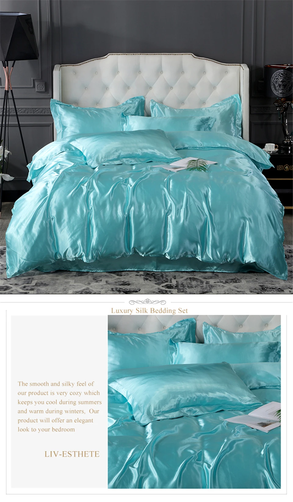 Liv Esthete Luxury Water Blue Satin Silk Bedding Set Silky Duvet