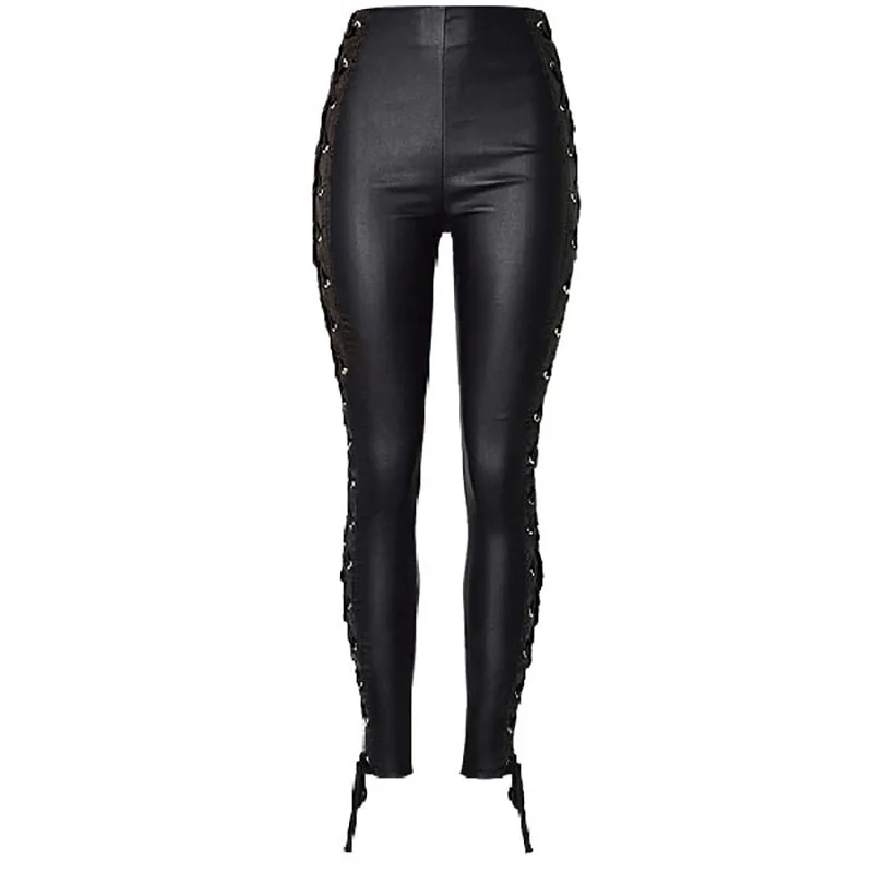 

Sexy Women Faux Black Leather Pants Matt look Pant high waist Super elastic double-sided strap coated faux leather denim pants