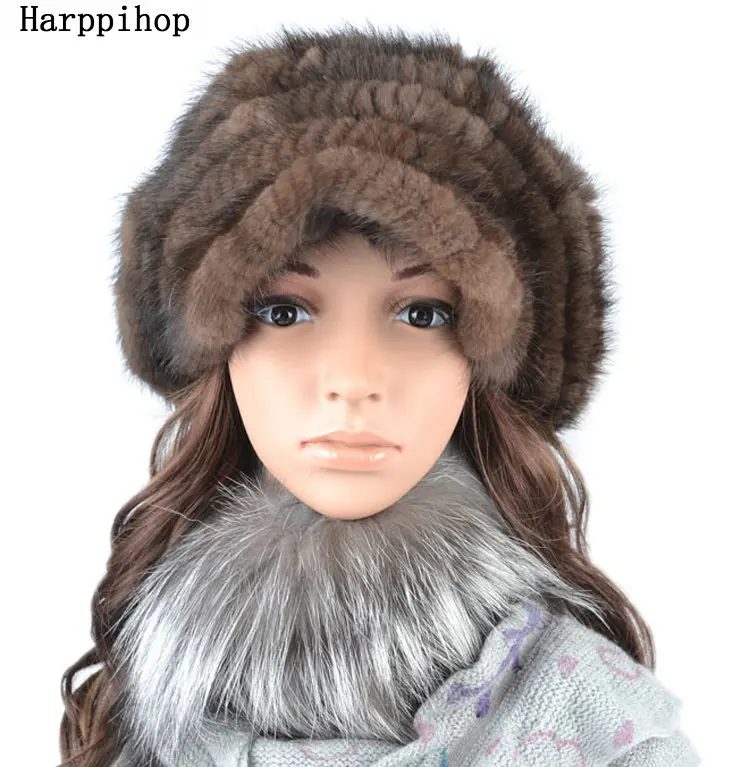 Зимняя норка трикотаж шапка женская Норковая тёплая шапка меховая шапка