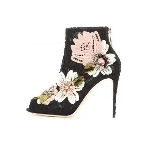 

Hot Selling Women Lace Crystal Flower Embroider Spring Autumn Ankle Boots Peep Toe Pointed Toe Back Zipper High Thin Heels