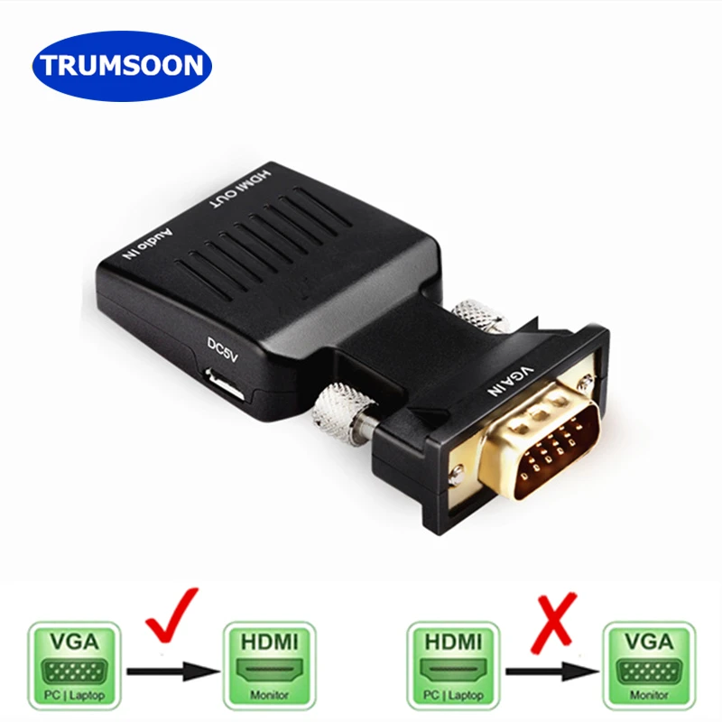 Trumsoon VGA Male to HDMI Female Converter with Audio Adapter 1080P Cables for HDTV PC Monitor Projector PS3