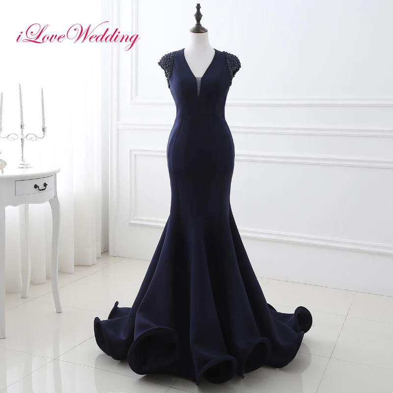 

Sexy Navy Blue Evening Dress Mermaid Sweep Train Cap Sleeve V neckline Open Back Elegant Beading Evening Gowns US2-16 in Stock