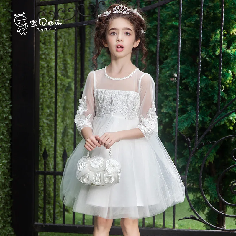 

YNB New Arrial White Mesh Flower Girl Dresses Kids Three Quarter Children Girl Princess Dress 2017 Summer Kids Girls Clothes