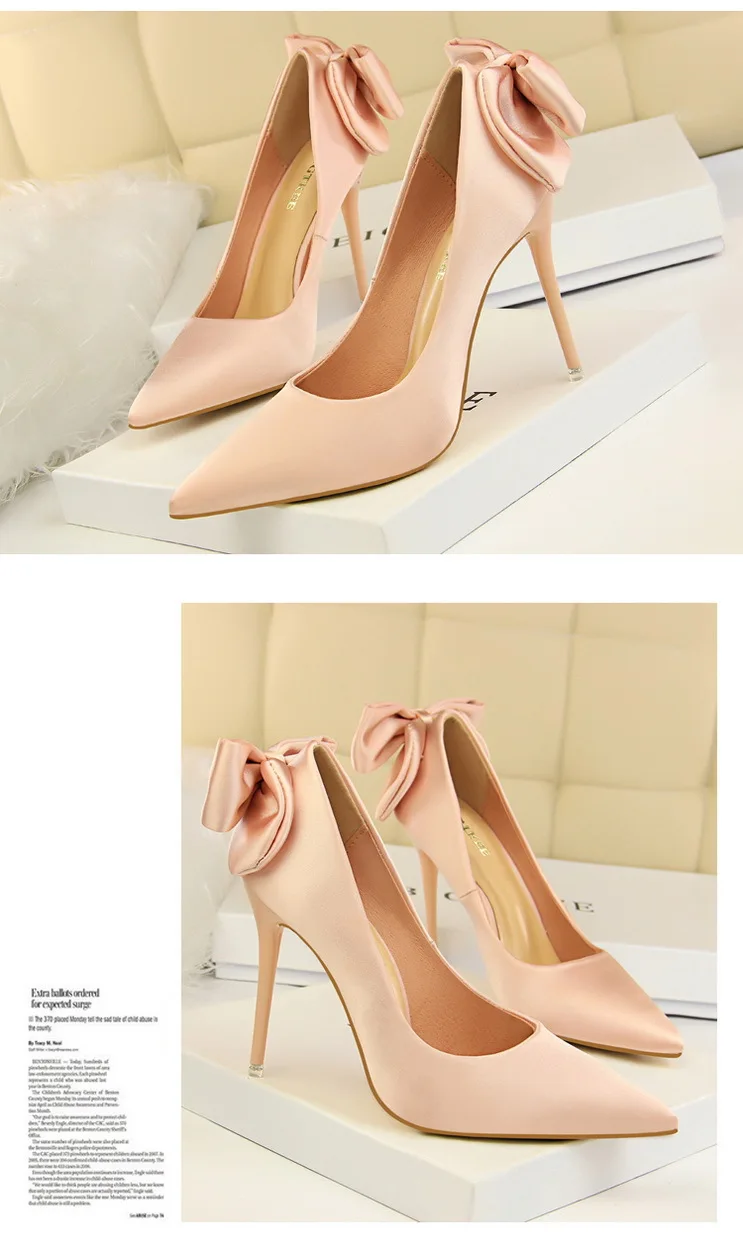 Осенняя обувь на каблуке; женская обувь на высоком каблуке; элегантная красивая атласная Женская обувь на высоком каблуке с острым носком и бантом; G1717-1