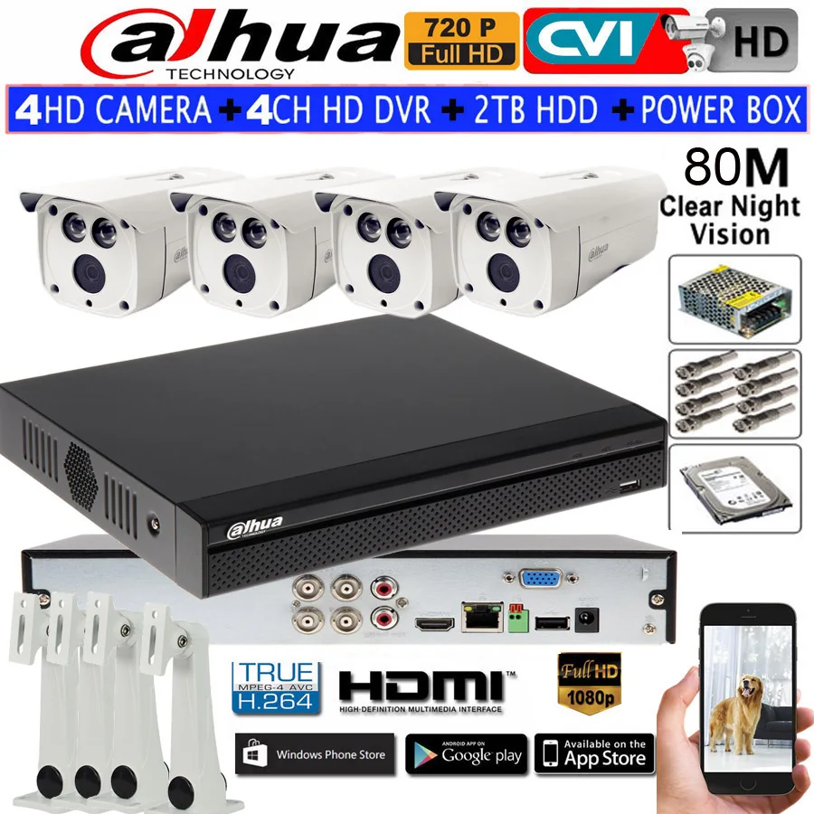DAHUA 720 P IR80M Водонепроницаемый камеры безопасности IP67 HAC HFW1020D пуля HDCVI 4CH DH XVR4104HS
