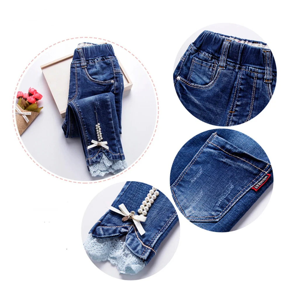 Roupas de Algodão Primavera Outono Pérola Fita Jeans Calças Casuais Meninas Bomba Denim Requintado Menina 4 High Quality Mamãe e Bebê