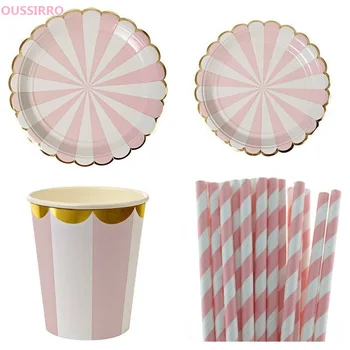 

OUSSIRRO 97Pcs/Set Pink Disposable Tableware Cake Food Popcorn Buffet Plates Wedding Decor Birthday Party Supplies Tableware set