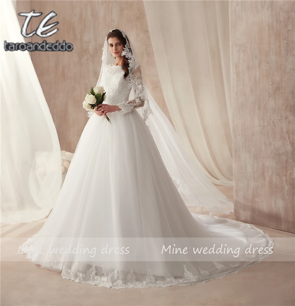 

Sheer High Neck Long Sleeve White Tulle Ball Gowns Wedding Dress with Crystals Bandage/Lace Up Bridal Dress vestidos de novia