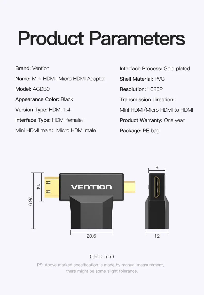 Vention Mini HDMI/Micro HDMI в HDMI адаптер конвертер 2 в 1 3D 1080P мужчин и женщин для ТВ монитор проектор камера